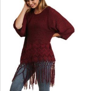 Umgee sweater with floral crochet and fringe hem